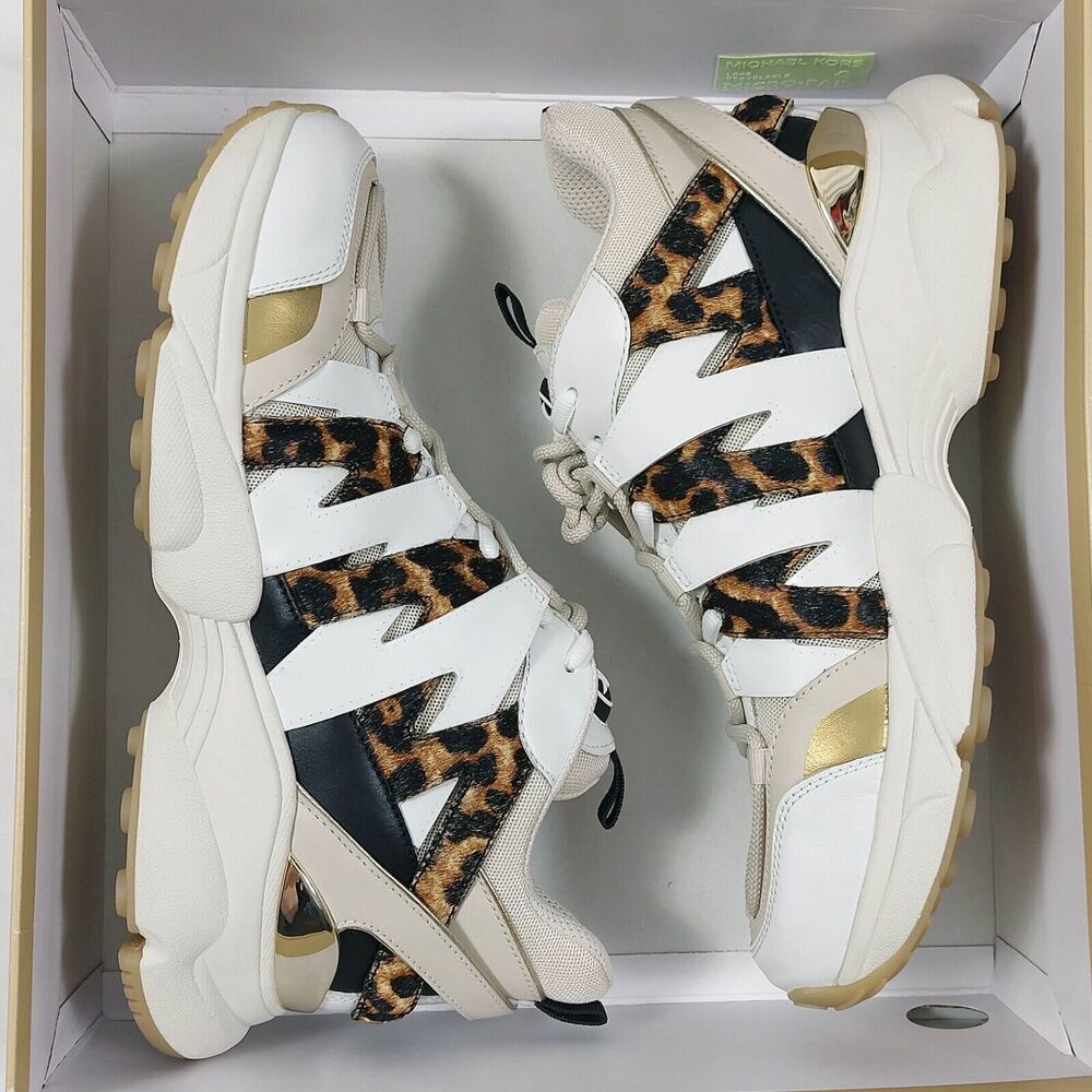Michael Kors Sneakers Womens Sz 10 Ecru Hero Trainer Animal Print Small Air Mesh
